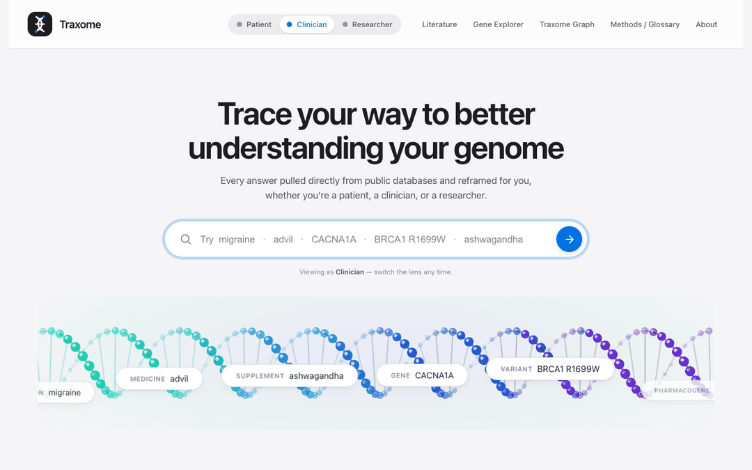 Traxome in action — a variant verdict with the glass-box ACMG explorer, the patient/clinician/researcher lenses, a drug dossier, the interactive 3D protein structure, the live literature feed, and the discovery graph